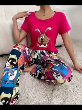 Cartoon Bunny Two-Piece Pajama Set - Hot Pink Top
